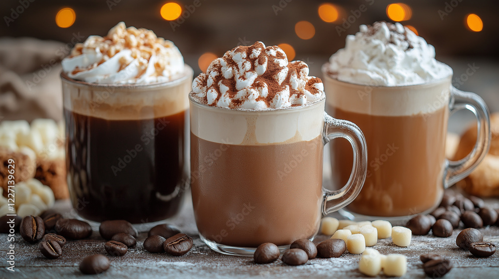 Various coffee and chocolate drinks with scattered coffee beans Various coffee and chocolate drinks with scattered coffee beans