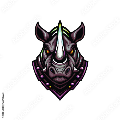 Create a digital painting of a rhino's head, fiercely detailed, showcasing armored plates and incorporating futuristic Neo-Tokyo inspired elements.