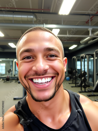 A bright, contagious smile from a young man in a gym, proud of his fitness journey, radiating energy, health, and motivation. photo