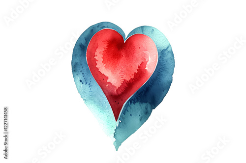 Watercolor illustration of a heart in blue and red colors. Picture for Valentine's Day, declaration of love. photo