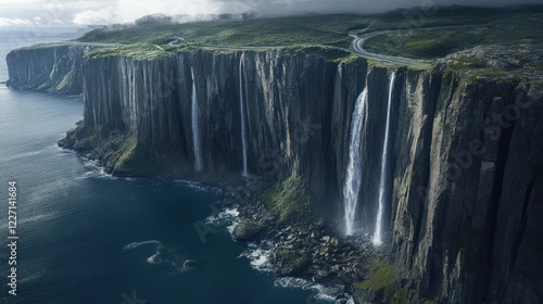 Coastal cliffs, waterfalls, road, ocean, aerial view, travel, nature