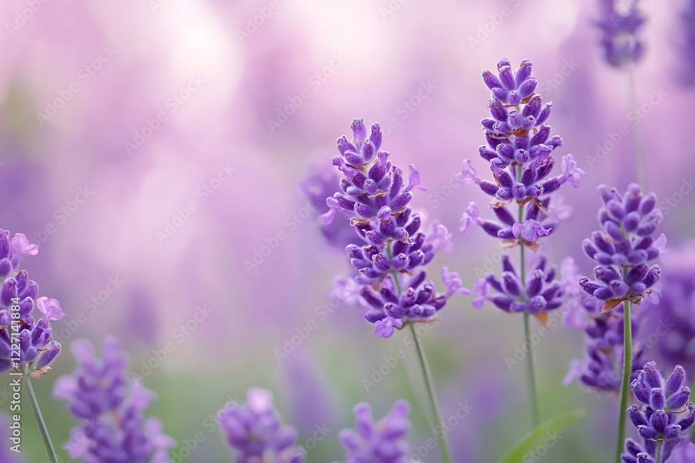 Fototapeta premium Close-up of vibrant lavender flowers in a serene field, softly blurred background creating a tranquil atmosphere