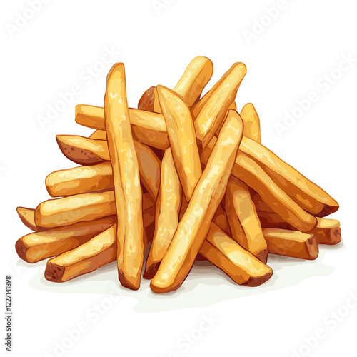 Fresh French fries Roasted potato chips wedges fried in deep fat fry oil potatoes Yellow sticks, isolated on white background. Fast Food. Unhealthy tasty food