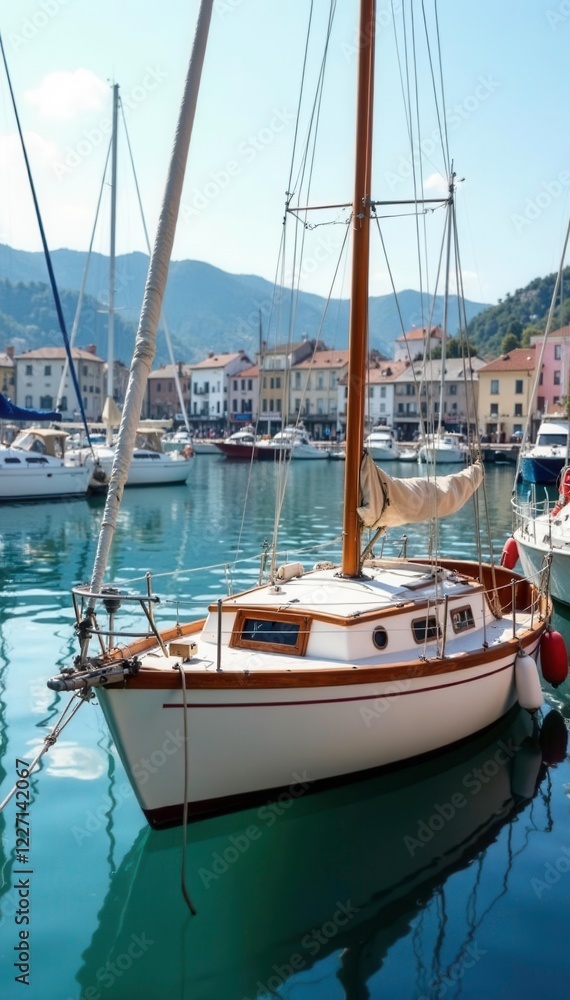 Small sailboat tied to a mooring in a bustling harbor, nautical, boat, moored Small sailboat tied to a mooring in a bustling harbor, nautical, boat, moored