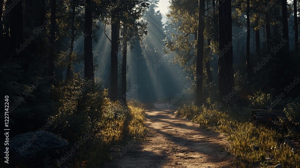Obraz premium Sunbeams illuminate forest path, morning mist, trees, nature, peaceful background, game design