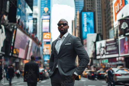 Wallpaper Mural Confident businessman in a suit standing in Times Square, New York, with vibrant billboards and traffic Torontodigital.ca
