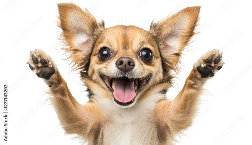 A cute, happy brown Chihuahua with long hair jumping, against a white background, in a photorealistic style. A cute, happy brown Chihuahua with long hair jumping, against a white background, in a photorealistic style.