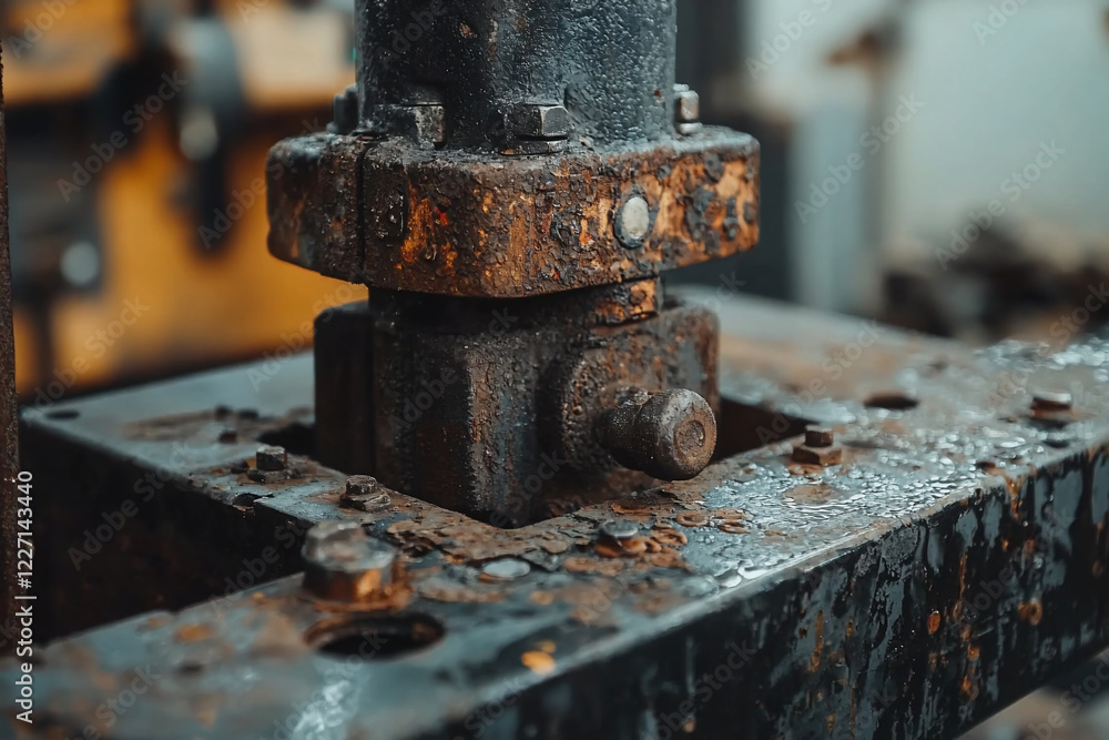 Close-up of a rusty industrial machine component in a workshop, highlighting wear and tear Close-up of a rusty industrial machine component in a workshop, highlighting wear and tear