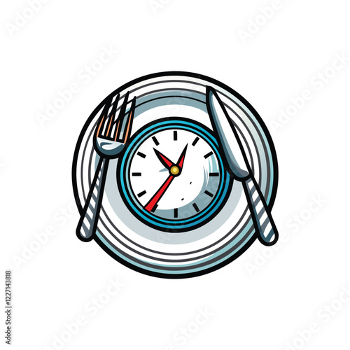 A minimalist illustration of a white plate with a fork and a stylized clock icon subtly integrated, emphasizing the concept of mindful eating.