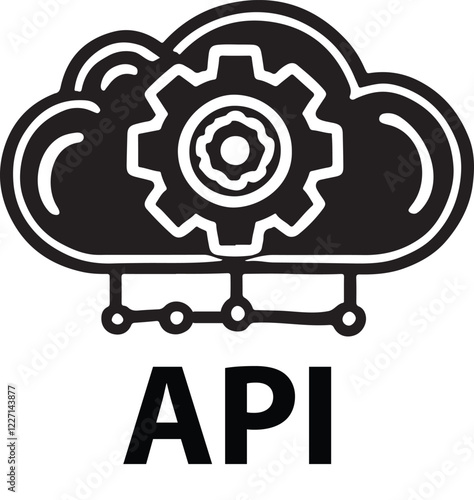 Silhouette icon of a cloud with an API symbol, representing cloud computing, software integration, and data connectivity. Clean vector EPS for tech designs.