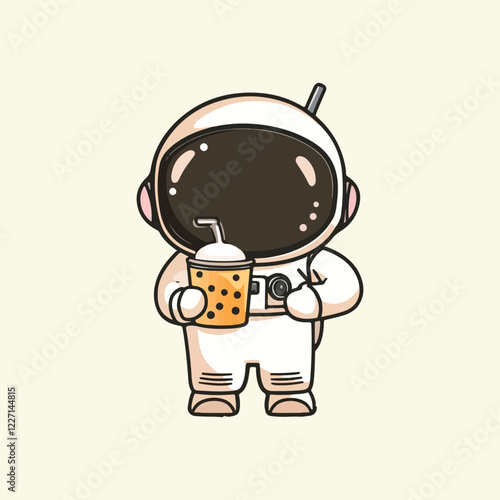 Cute astronaut holding a boba milk tea Cartoon Vector Icon Illustration