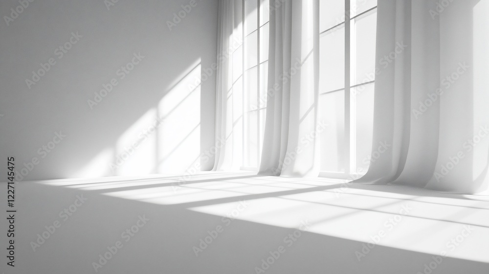 Obraz premium Sunlight streams through sheer curtains in a minimalist white room, ideal for interior design