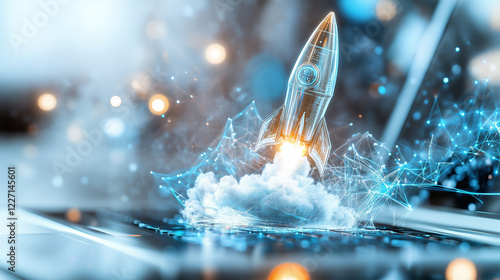 ノートパソコンから飛び立つデジタルロケット｜ビジネス成長とテクノロジーの革新を象徴するコンセプトアート
