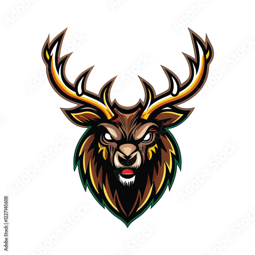 A majestic stag head, roaring fiercely, with fantastical, swirling antlers; dark, moody lighting; detailed texture;  hyperrealistic.