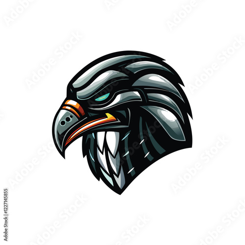 Design a futuristic robotic eagle head, incorporating sleek metallic textures, glowing LED eyes, and intricate circuitry details.