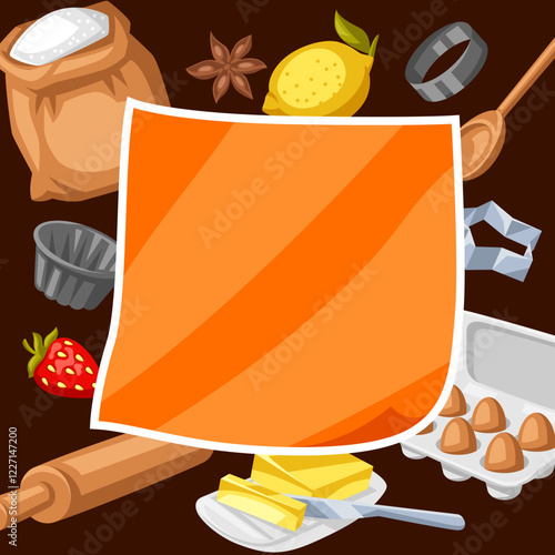 Background with bakery utensils. Cooking tools for home and recipe items.