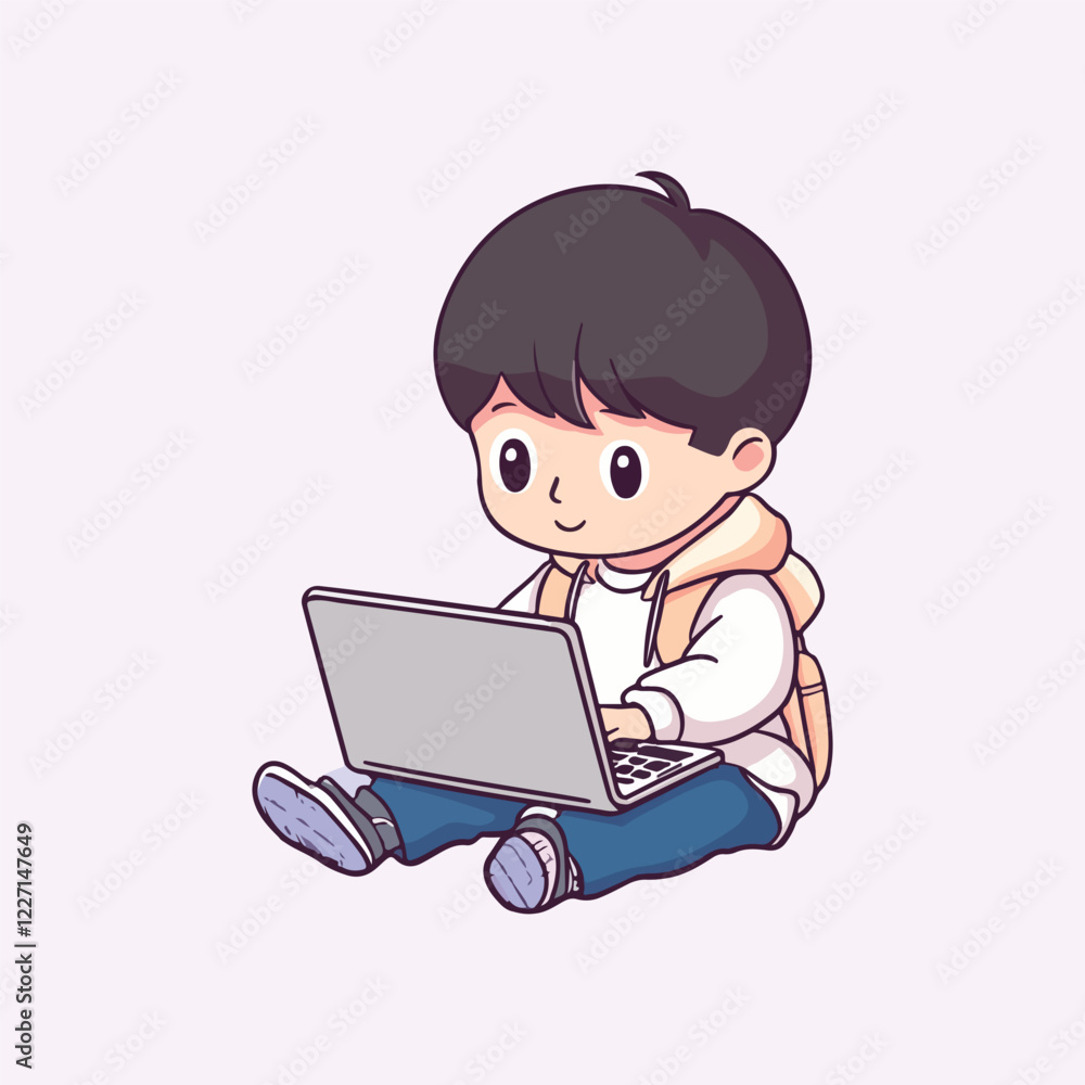 Cute boy working on laptop Cartoon Vector Icon Illustration Cute boy working on laptop Cartoon Vector Icon Illustration
