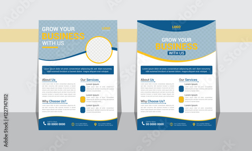 Modern flyer design for advertising promotion and growth company. abstract flat flyer design. Navy blue black and yellow color flyers. creative unique nice clean design. Half-page A4 flyer free mocku