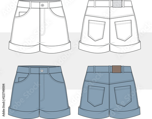 Denim Shorts technical fashion illustration. Cuffed Short Pants fashion flat technical drawing template, front and back view, unisex CAD mockup set.
