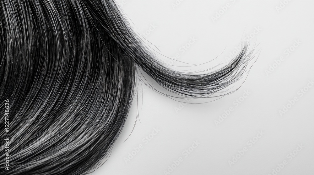 Naklejka premium Smooth black hair strand on white, showcasing shine; beauty, haircare ad