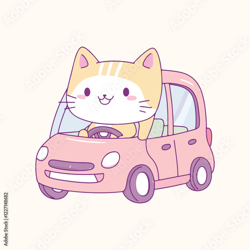 A cartoon cat is riding a car Cartoon Vector Icon Illustration