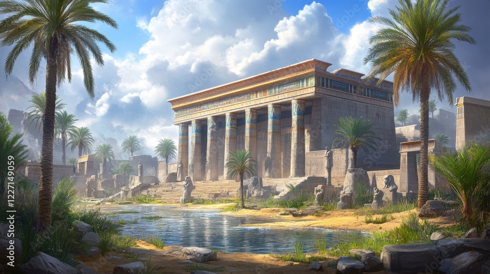 Ancient Egyptian Temple Surrounded by Lush Palm Trees and Water Ancient Egyptian Temple Surrounded by Lush Palm Trees and Water