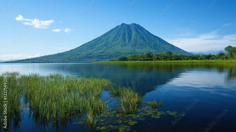 Majestic volcano rises above calm lake with tall grass in the foreground under blue sky Majestic volcano rises above calm lake with tall grass in the foreground under blue sky