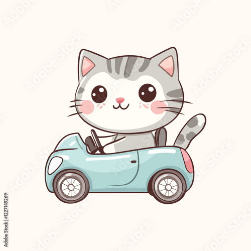 A cartoon cat is riding a car Cartoon Vector Icon Illustration