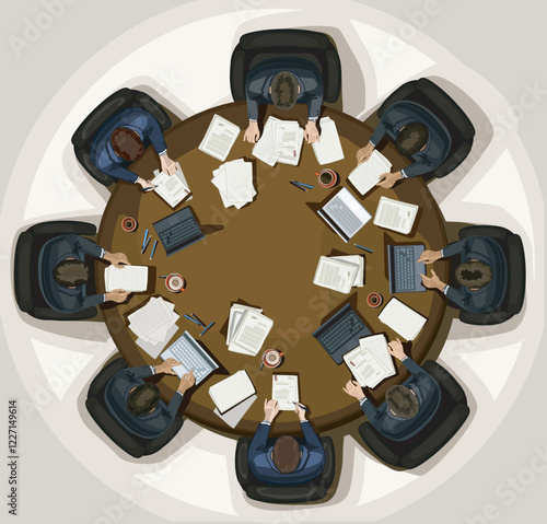collegues bussines man sitting by big round table full of documents messy workplace conference meeting boss room lawyers, stock business company team illustration