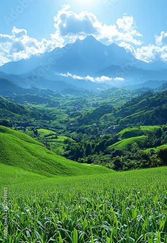 Hills bathed in the glow of sunrise within a mountain valley. A stunning natural landscape