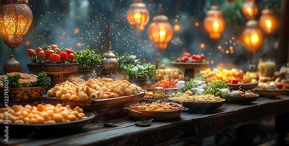 Naklejka premium Festive Table with Variety of Foods and Lit Hanging Lanterns Creating Warm Celebratory Ambiance