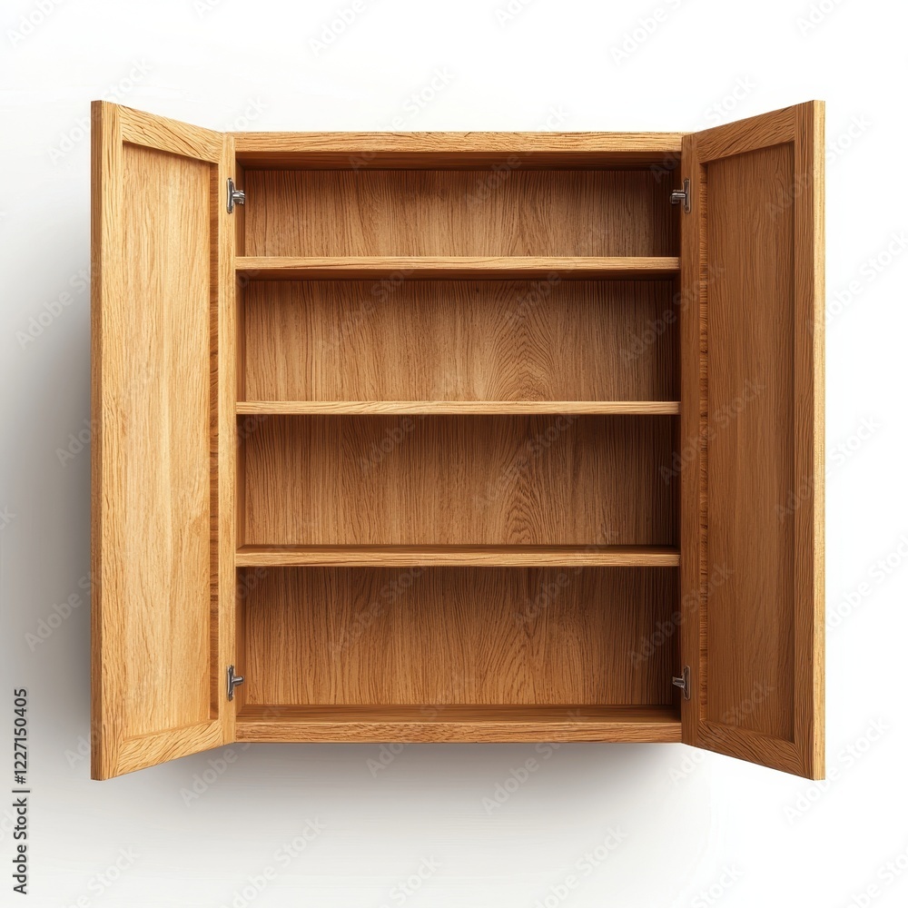 Empty Wooden Cabinet with Open Doors Oak Shelves Interior Storage Home Furniture Empty Wooden Cabinet with Open Doors Oak Shelves Interior Storage Home Furniture