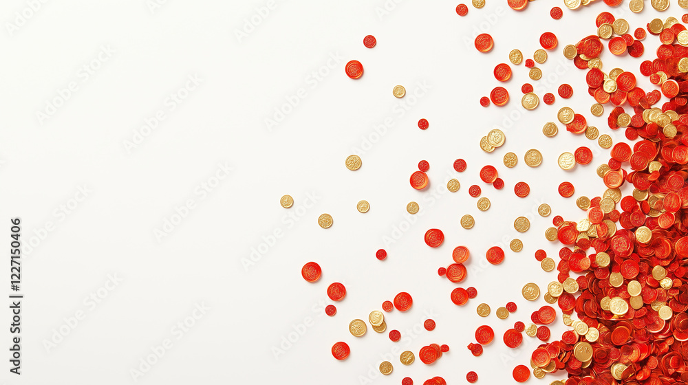 A scattering of red Chinese New Year confetti and gold coins placed asymmetrically on a white surface with room for text. A scattering of red Chinese New Year confetti and gold coins placed asymmetrically on a white surface with room for text.