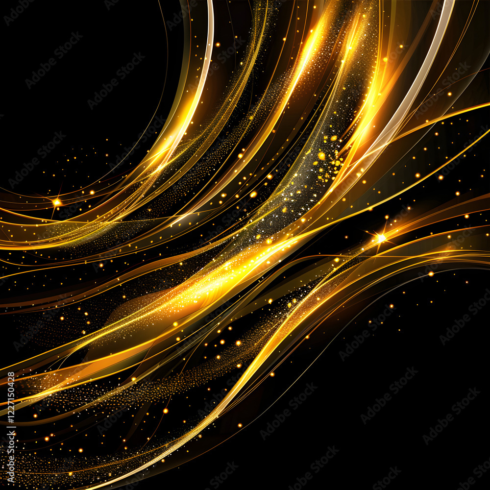 Fototapeta premium Abstract golden wave design with sparkling elements on a dark background.