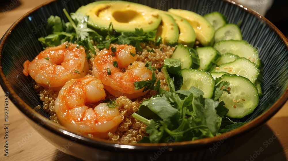 Hawaiian poke bowl with shrimp, quinoa, avocado, cucumber and greens Hawaiian poke bowl with shrimp, quinoa, avocado, cucumber and greens