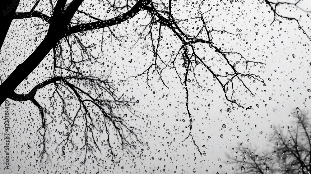 Fototapeta premium Rainy day, tree branches, falling drops, overcast sky, nature background