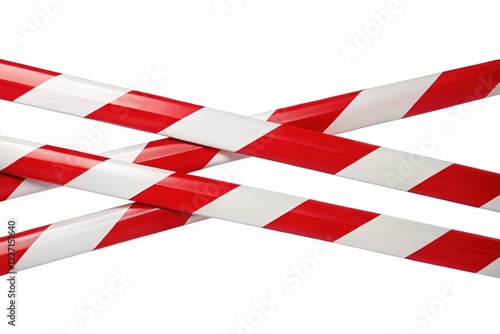 Crossed Red & White Warning Tape on White Background - Safety Barrier Stock Photo