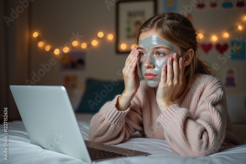 A teenage girl uses a clay mask while sitting on her bed with a laptop. The background has posters, fairy lights, and a cozy atmosphere photo