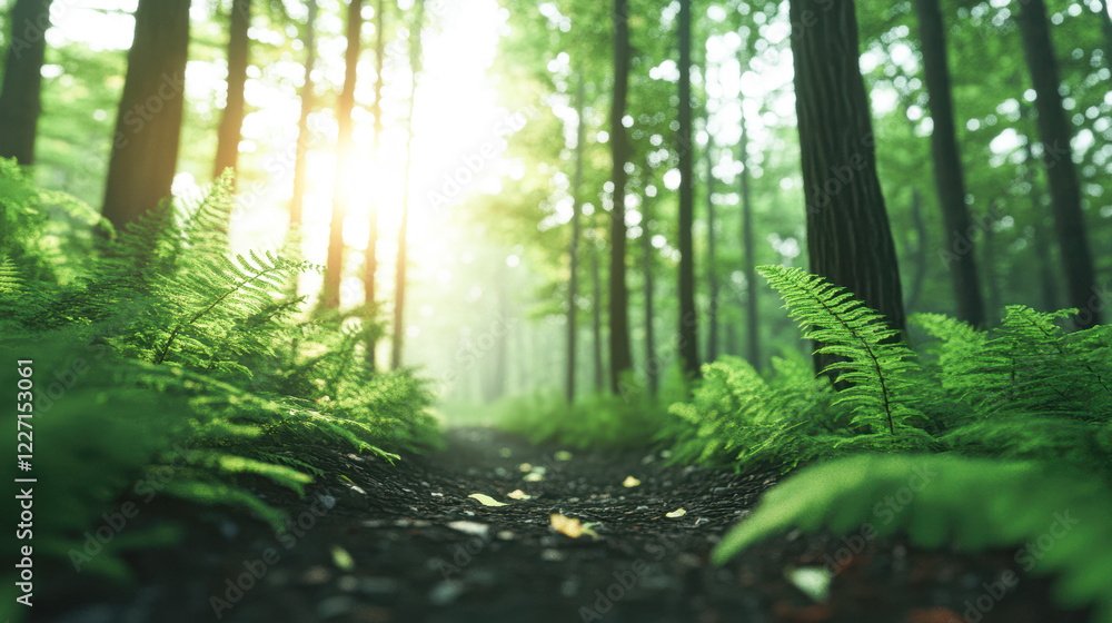 Fototapeta premium Serene forest pathway at sunrise nature scene lush environment tranquil view