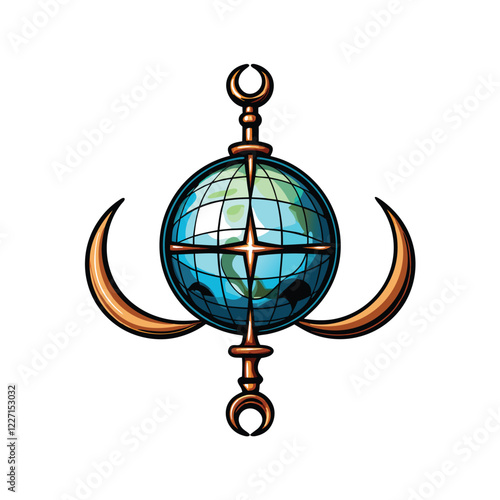 Create a stylized, low-poly globe illustration featuring crescent moons delicately placed at each cardinal direction; vibrant, jewel-toned color palette.