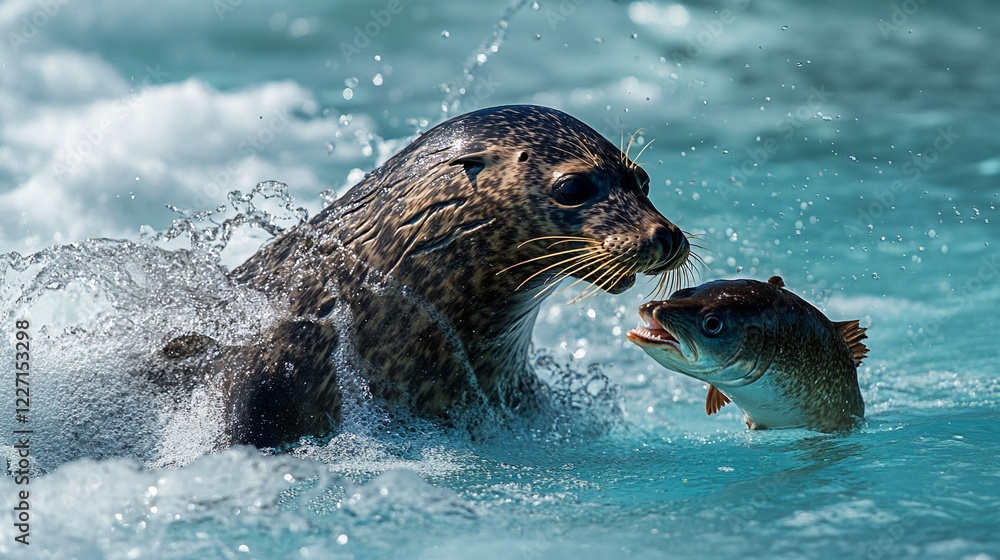 Obraz premium Harbor seal catching fish in ocean surf, wildlife documentary