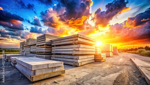 Double Exposure: Stacked Concrete Slabs & Industrial Sunset - Precast Concrete Yard