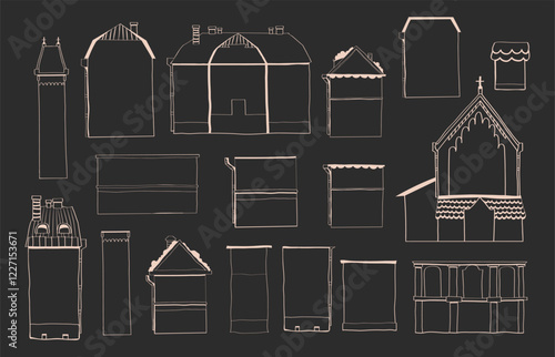 Set of hand drawn christmas houses, black and white house graphics, line house outline illustrations, winter house stencils, hand drawn doodle buildings, vector illustration, linear building parts, re