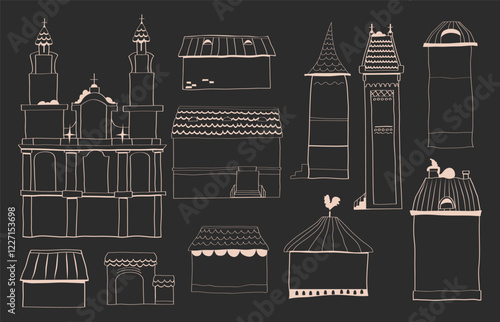 Set of hand drawn christmas houses, black and white house graphics, line house outline illustrations, winter house stencils, hand drawn doodle buildings, vector illustration, linear building parts, re