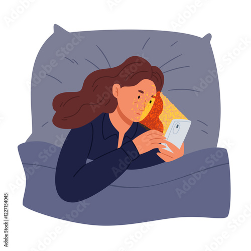 Girl looks at her phone before going to bed. Insomnia.internet surfing, gadget addiction concept