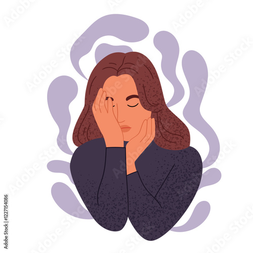Girl in depression. Girl surrounded by symptoms of depression disorder: anxiety, crisis, tears, exhaustion, loss, overworked, tired.