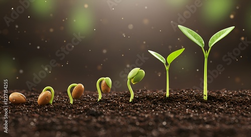 Highly detailed and realistic depiction of plant seed germination, showing multiple stages from a dry seed to a fully sprouted seedling