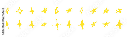 Set of gold chalk drawing stars. Shine or sparkle doodle collection. Children style yellow wax pencil handdrawing elements of night sky. Crayon scratch grunge texture star shapes. Vector illustration