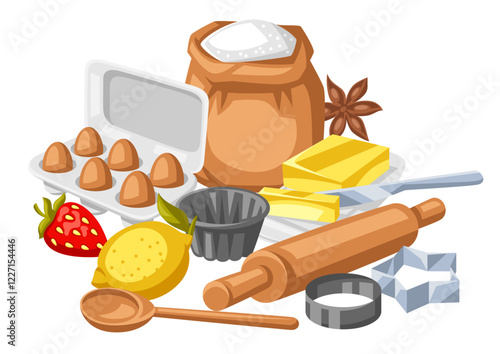 Background with bakery utensils. Cooking tools for home and recipe items.