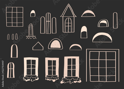 Vintage Window Set, Church Stained Glass, Loft Windows, Linear Window Prints, Christmas windows, window contour illustrations